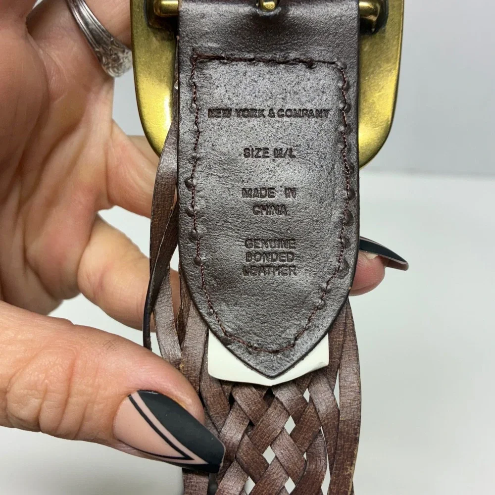New York & Co. Braided Belt Womens M/L Brown Bonded Leather Woven Gold Buckle